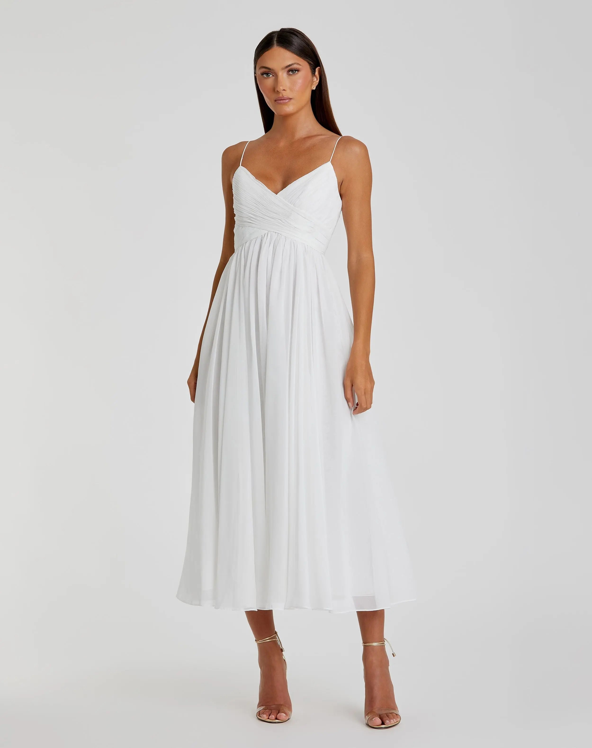 Image of White Faux Wrap Sleeveless Flowy Midi Dress