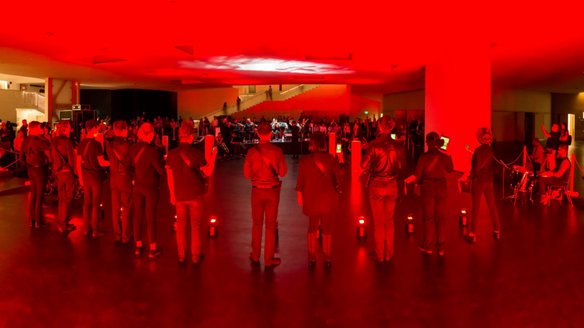 princeton laptop orchestra bathed in red light
