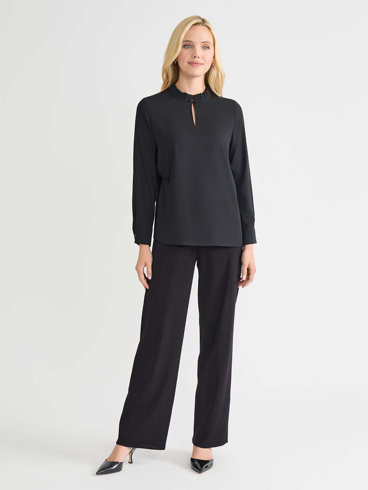 Keyhole Ruffle Neck Crepe de Chine Blouse - True Fit