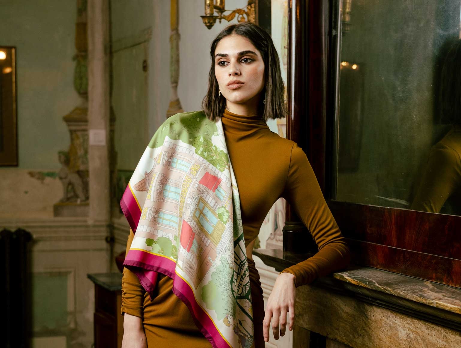 Parisian motif magenta and green silk scarf