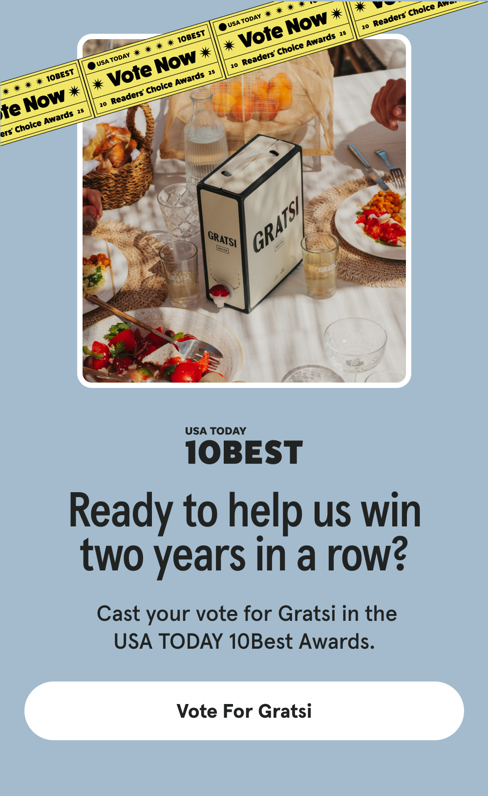 Ready to help us win two years in a row?  Cast your vote for Gratsi in the USA TODAY 10Best Awards. [VOTE FOR GRATSI]