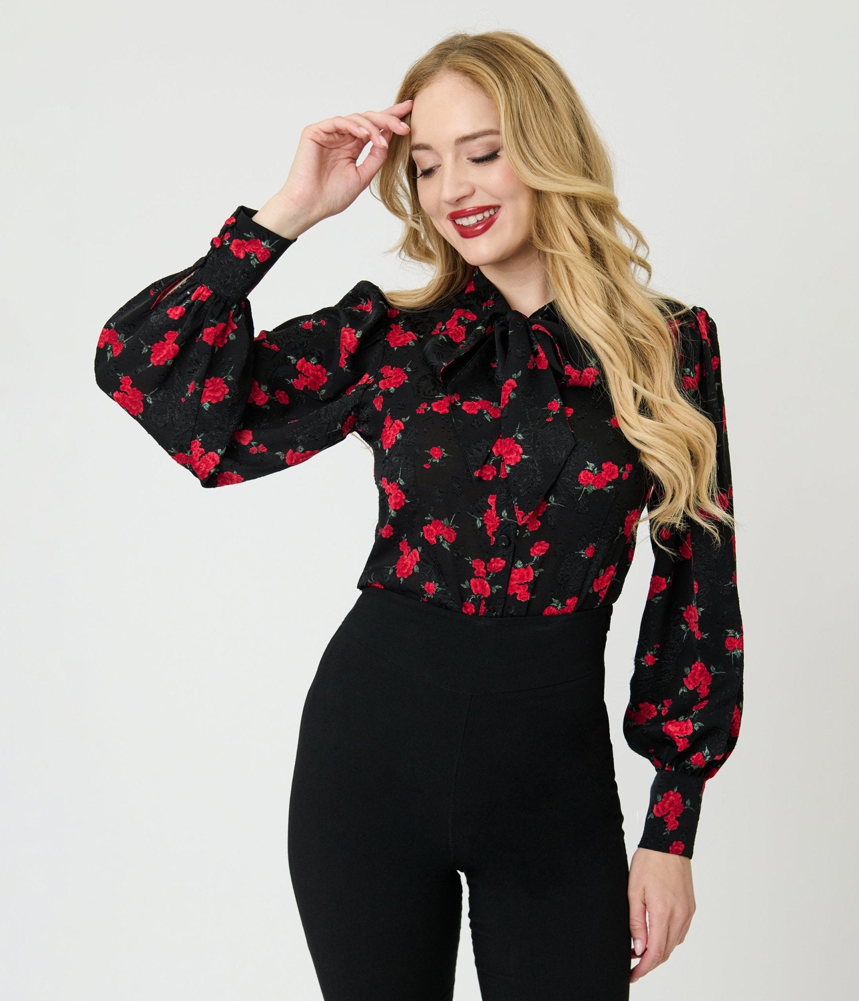 Image of Unique Vintage Black & Red Roses Long Sleeve Gwen Blouse