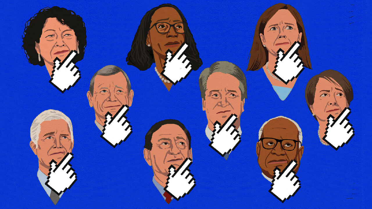 Illustrated portraits of the nine current U.S. Supreme Court Justices, each justice has a large pixelated white cursor hand pointing at their chin, suggesting decision-making or scrutiny