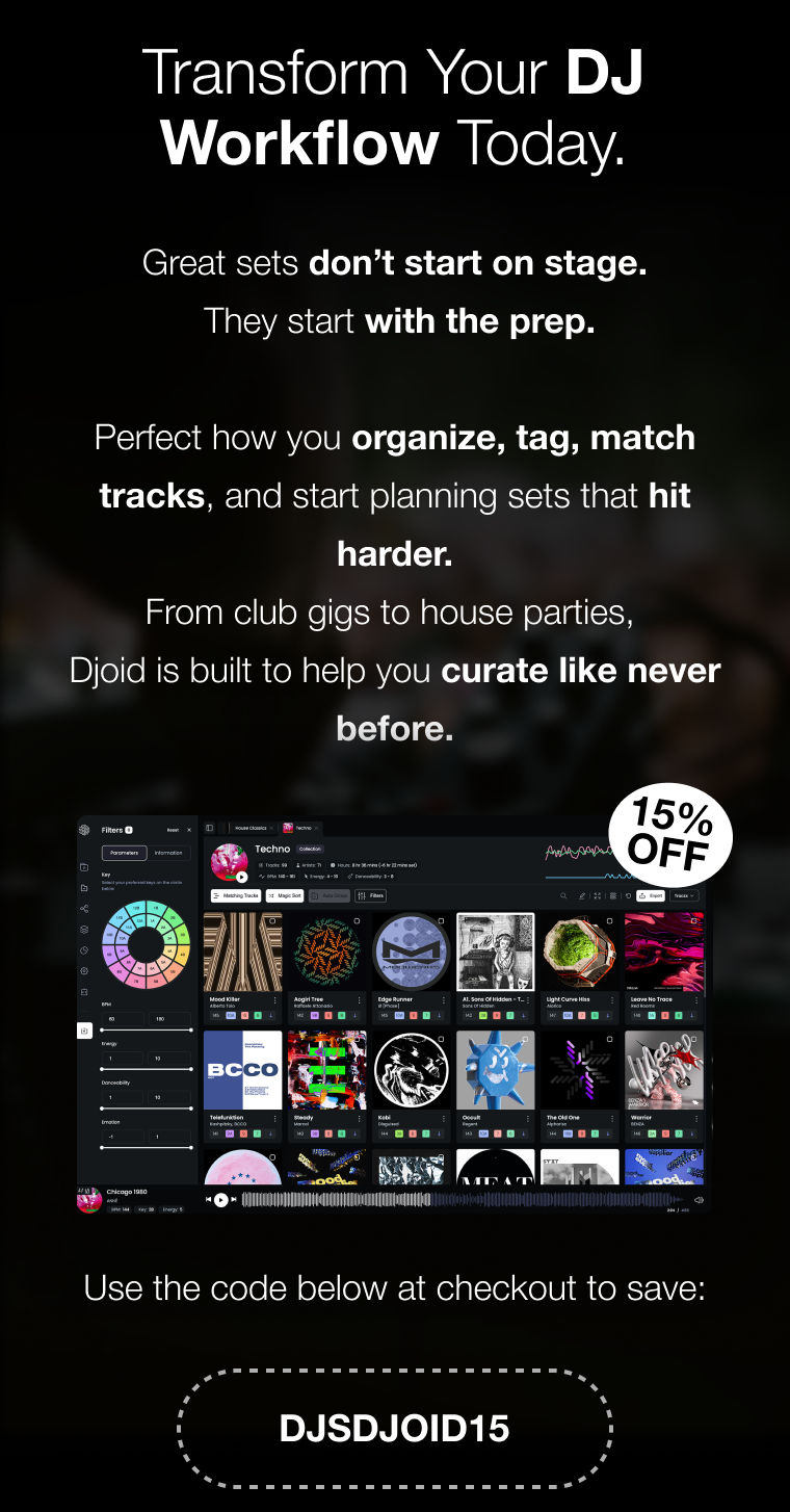 Great sets don’t start on stage. They start with the prep. Perfect how you organize, tag, match tracks, and start planning sets that hit harder. From club gigs to house parties, Djoid is built to help you curate like never before. DISCOUNT CODE DJSDJOID15