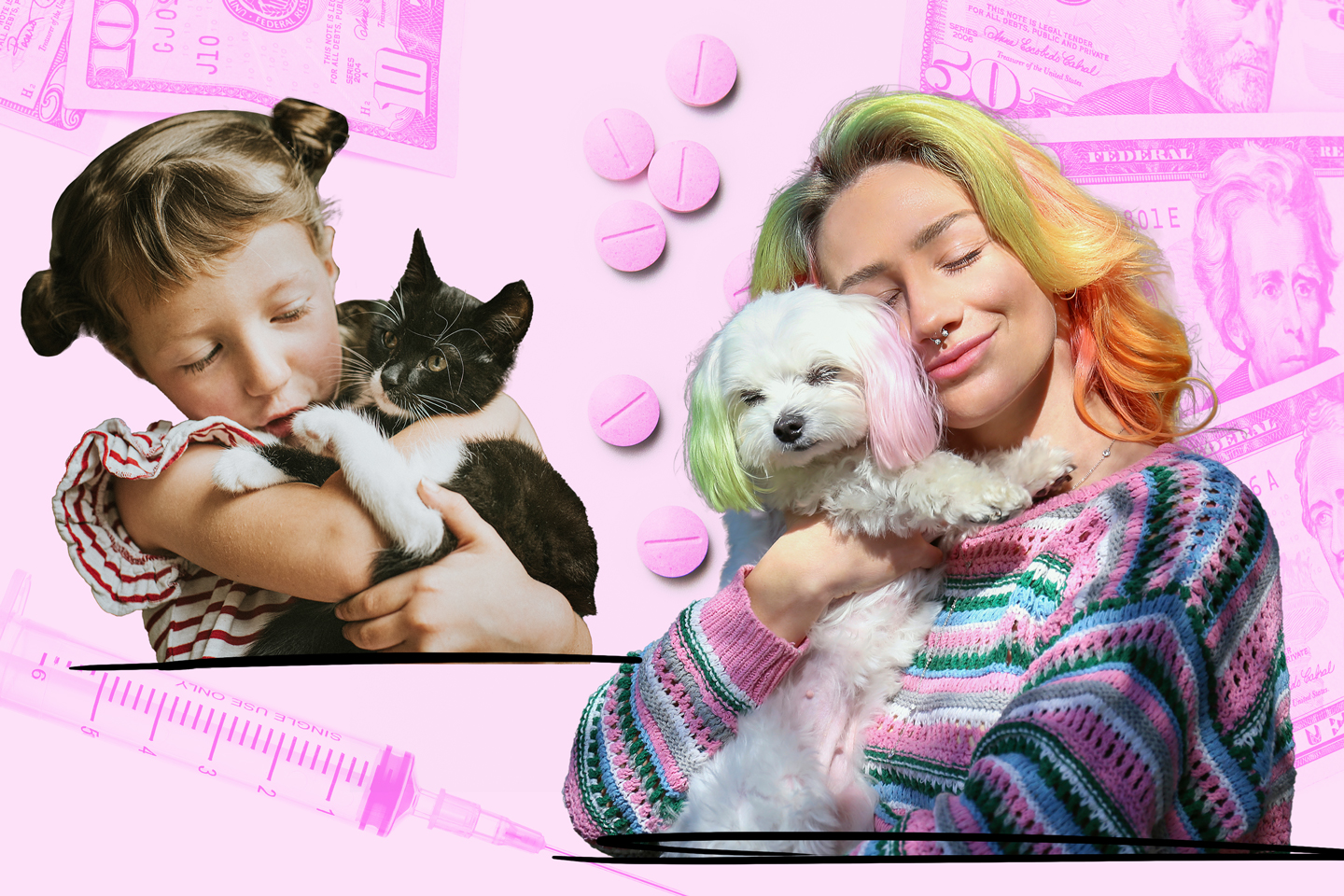 Girls hugging their pets