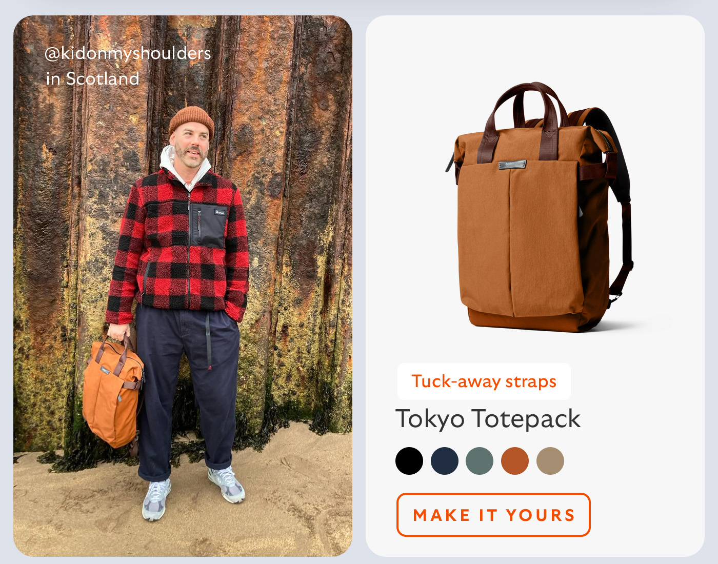 [Product name] Tokyo Totepack [Starburst] Tuck-away straps [Image caption] @kidonmyshoulders in Scotland