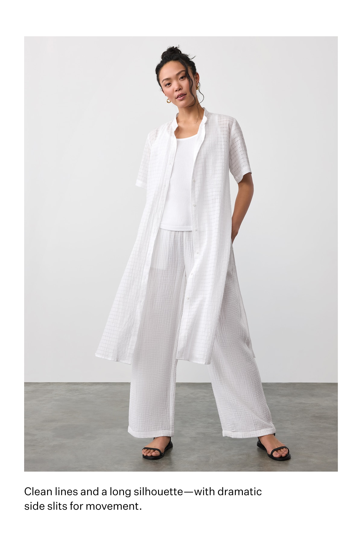 Clean lines and a long silhouette&mdash;with dramatic side slits for movement.