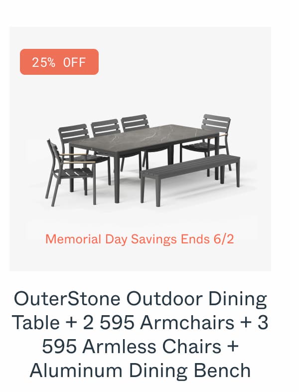 OuterStone Outdoor Dining Table + 2 595 Armchairs + 3 595 Armless Chairs + Aluminum Dining Bench