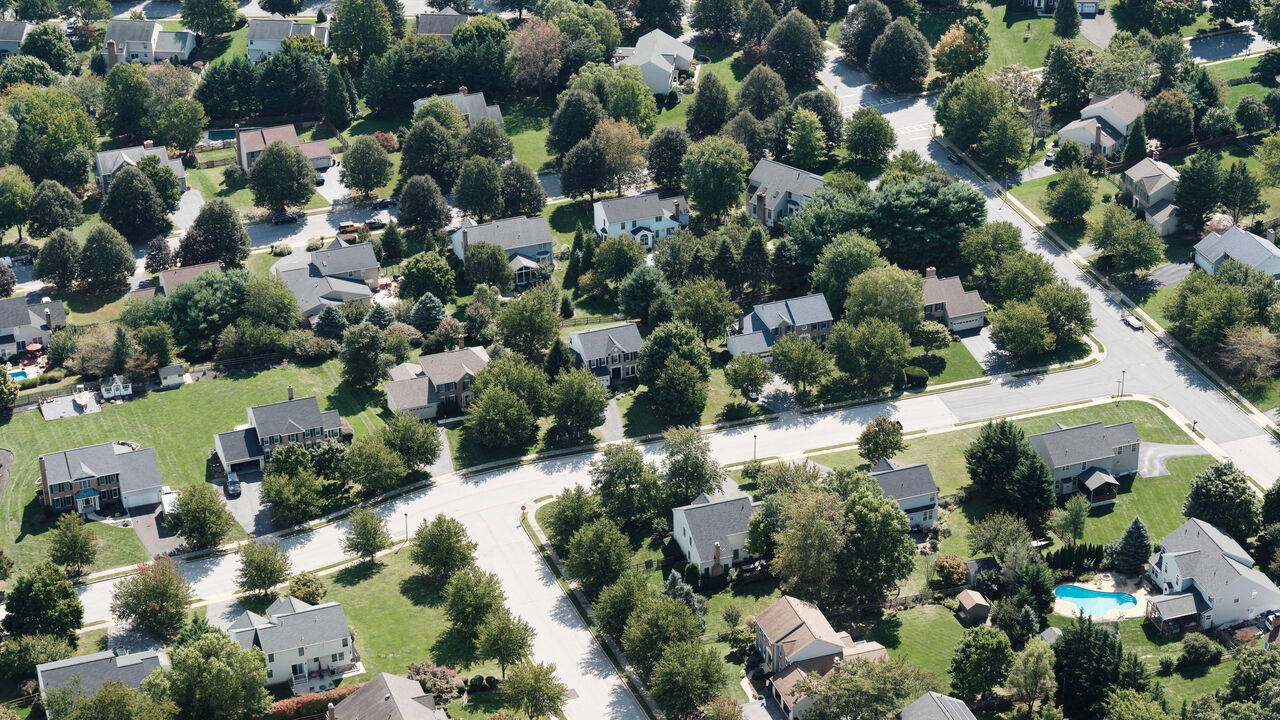 Aerial view of suburban community in Montgomery County, Maryland.