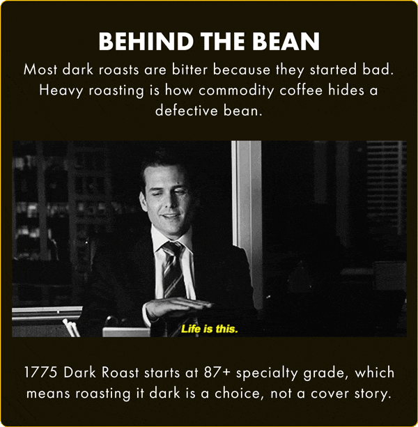 BEHIND THE BEAN 1775 Dark Roast starts at 87+ specialty grade, which means roasting it dark is a choice, not a cover story.