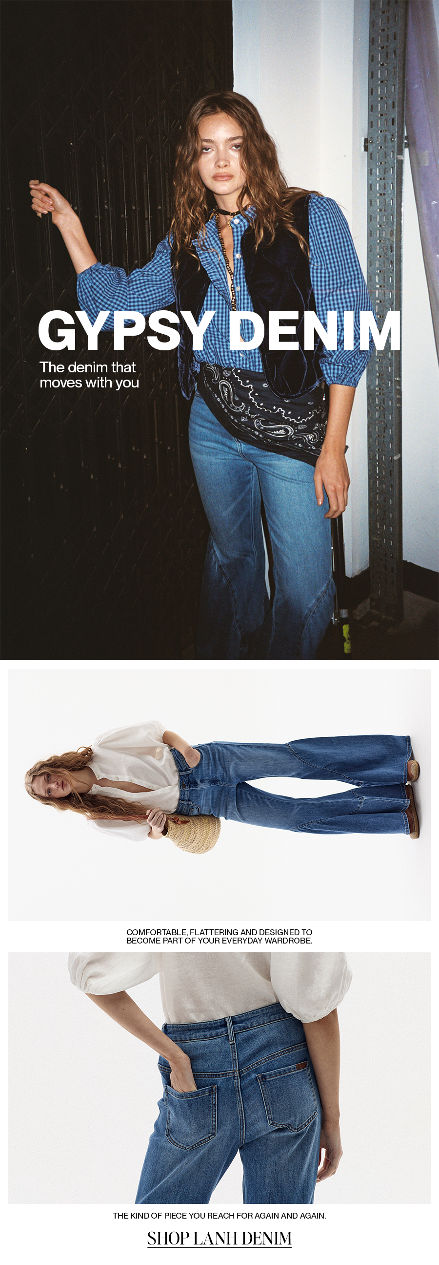 a woman in a blue checkered shirt blue jeans