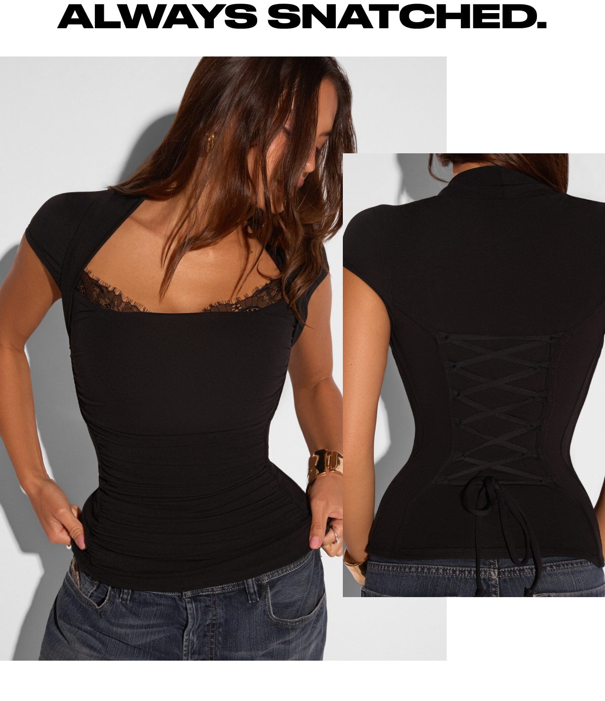 A woman wearing a black top with lace detailing and a fitted design, paired with jeans.
