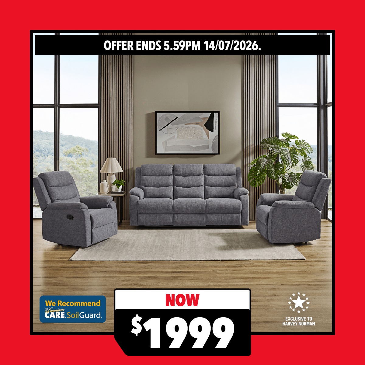 Lennox 3-Piece Fabric Recliner Lounge Suite