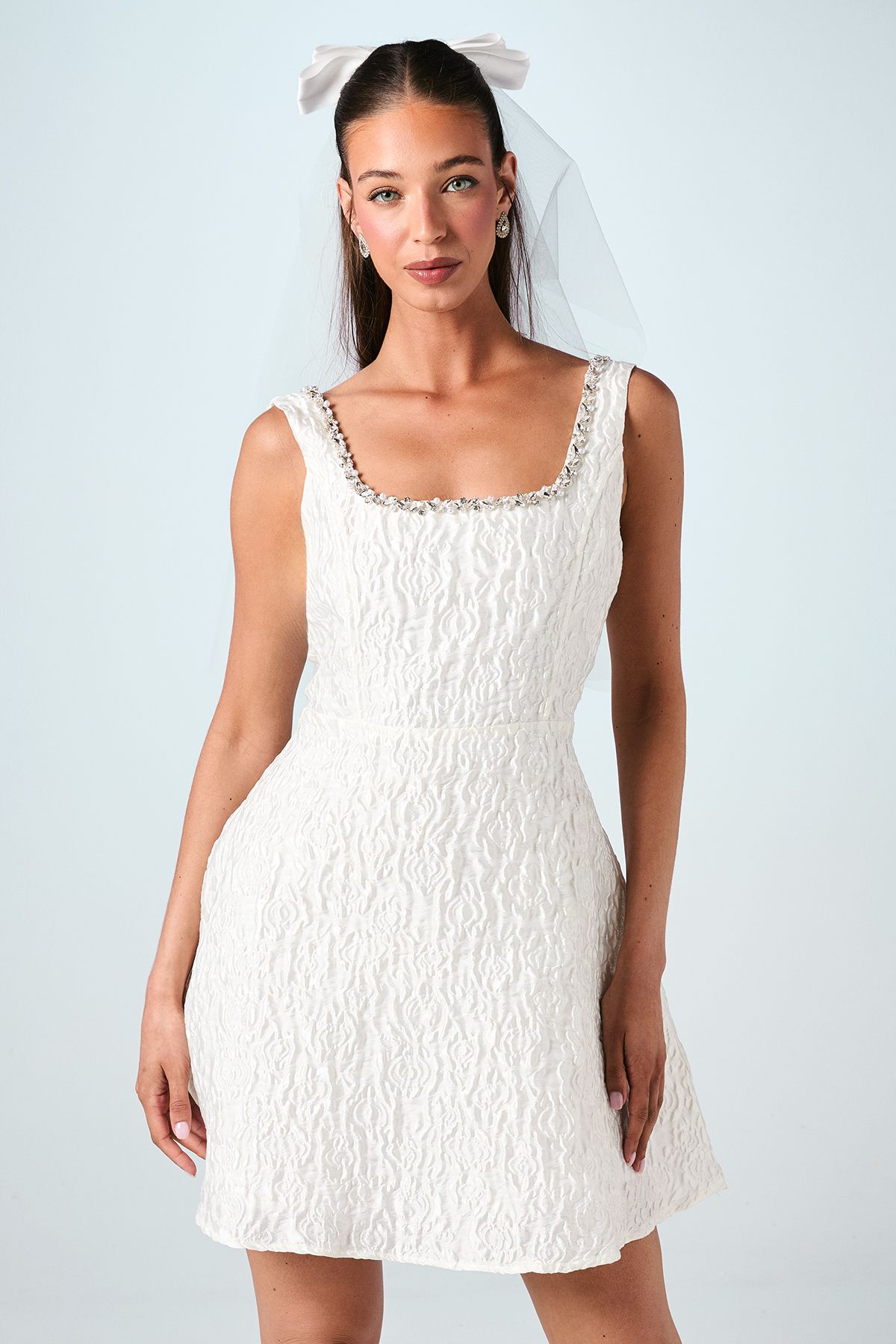 Jacquard Full Skirted Mini Dress With Jewel Trim