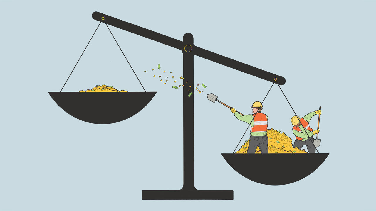 An illustration showing a giant scale, with one side weighed down by a large pile of money and the other much lighter. Two figures push money from the heavier side to the lighter one, symbolising redistribution—a “Robin Hood” economy.