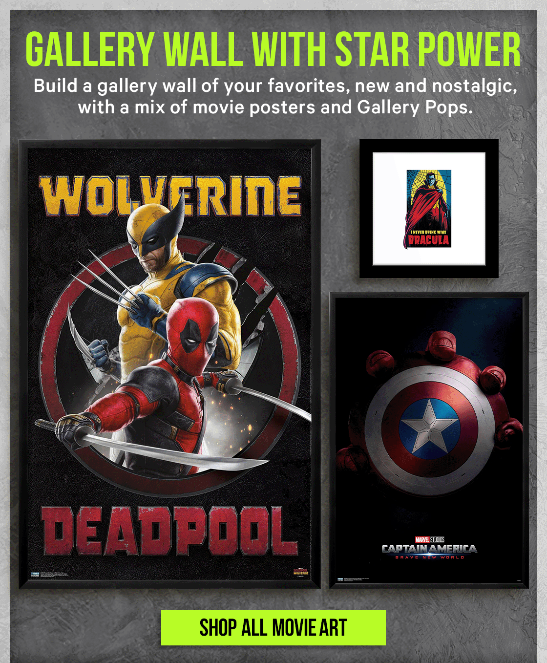Gallery Wall With Star Power! Build a gallery wall of all your favorites, new and nostalgic, with a mix of movie posters and Gallery Pops.