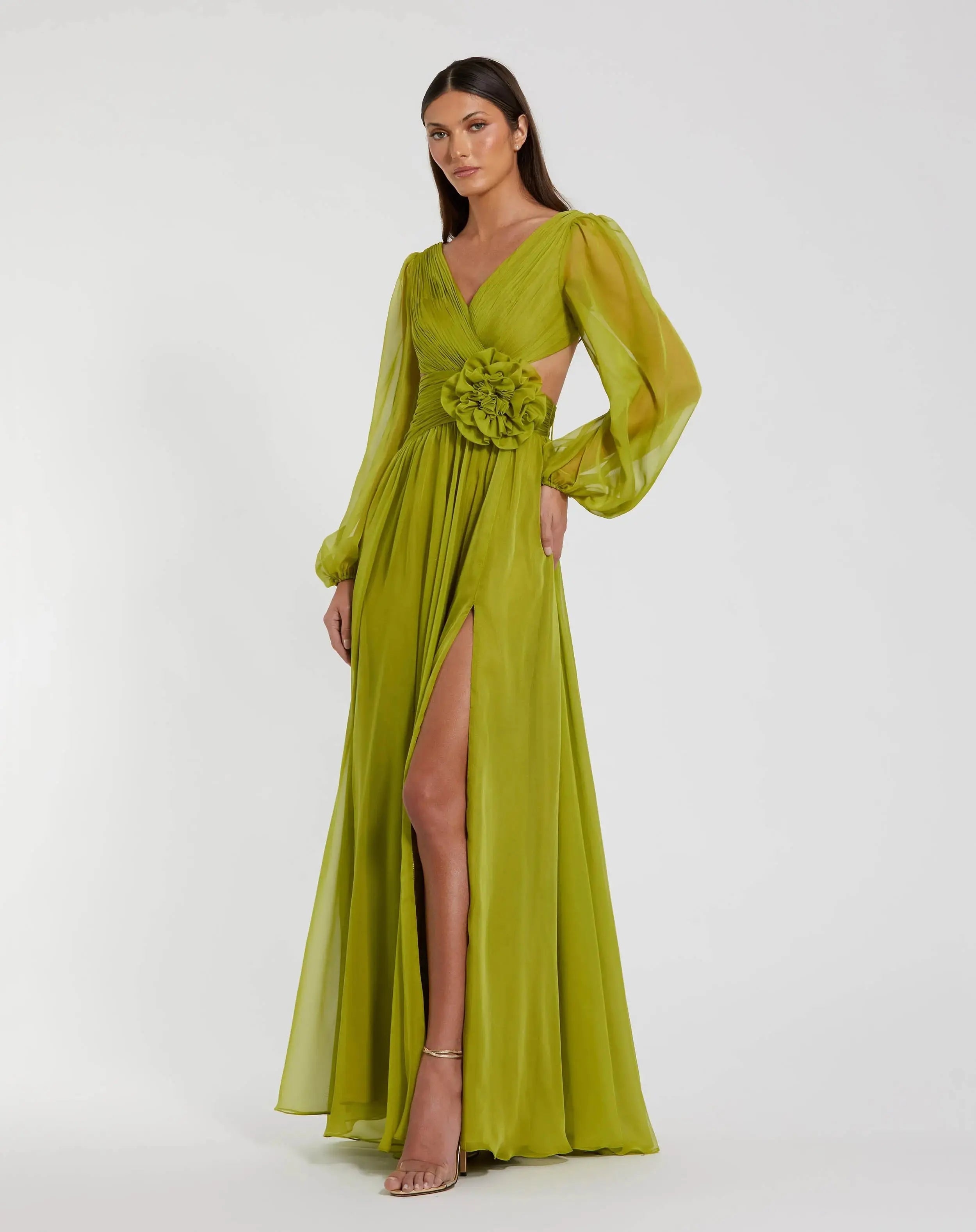 Image of Green Long Sleeve V-Neck Chiffon Gown With 3D Flower