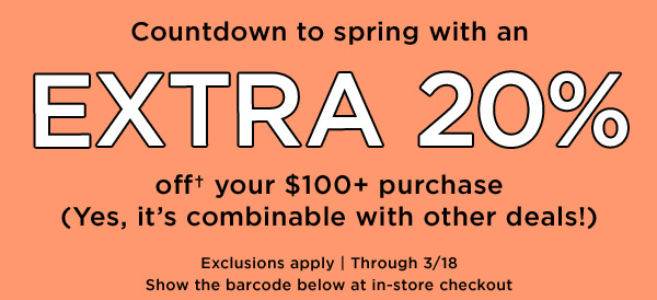 Extra 20% off $100+ 