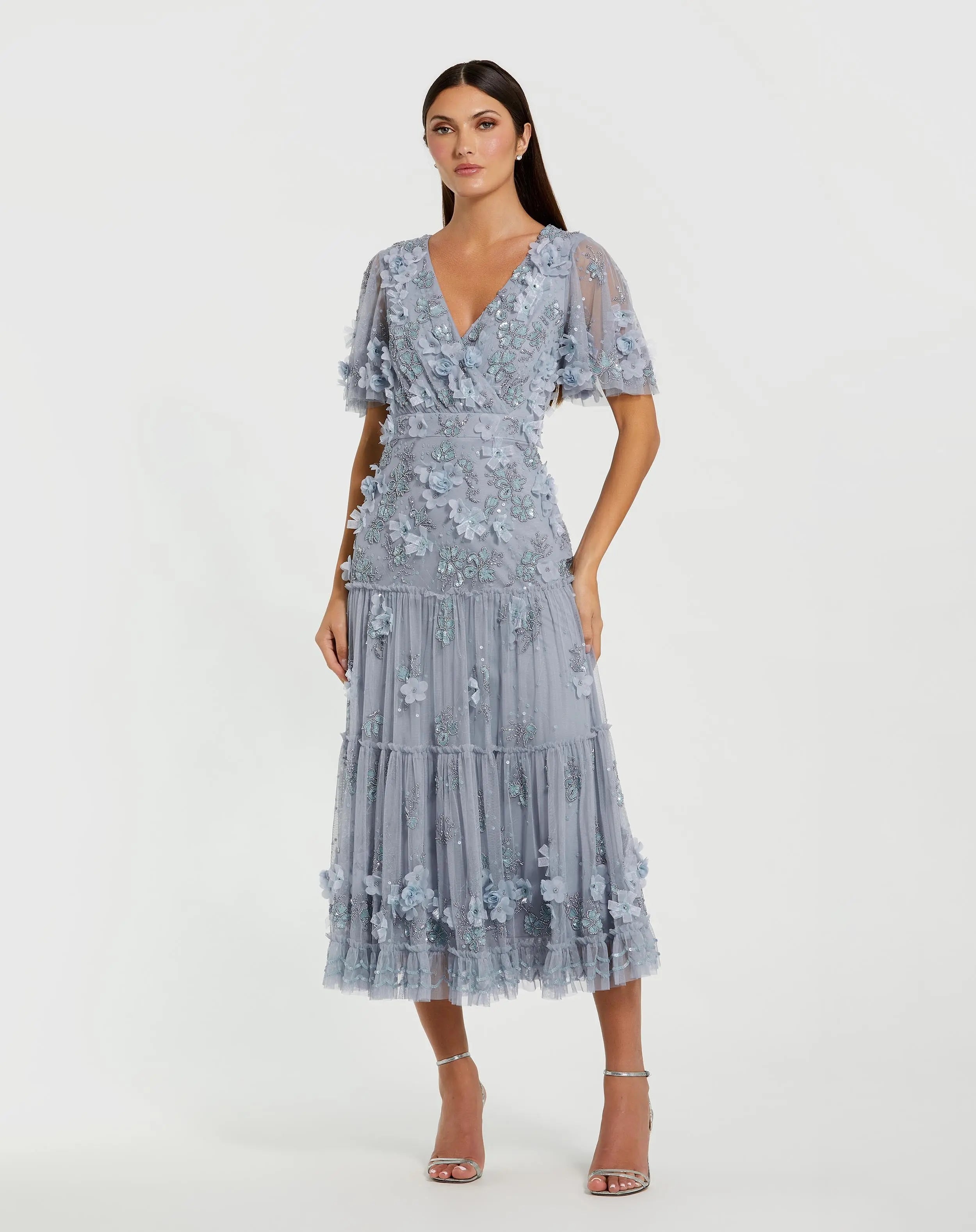 Image of Blue Floral Embellished Flutter Sleeve Dress