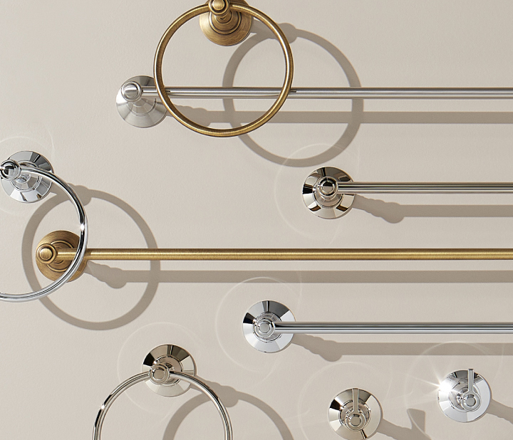 Marceau Towel Ring, Towel Rod, Robe Hook in Aged Brass, Polished Nickel, Aged Brass, Chrome
