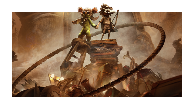 Art for Little Nightmares III featuring Low and Alone atop a stack of books in a smoky room.