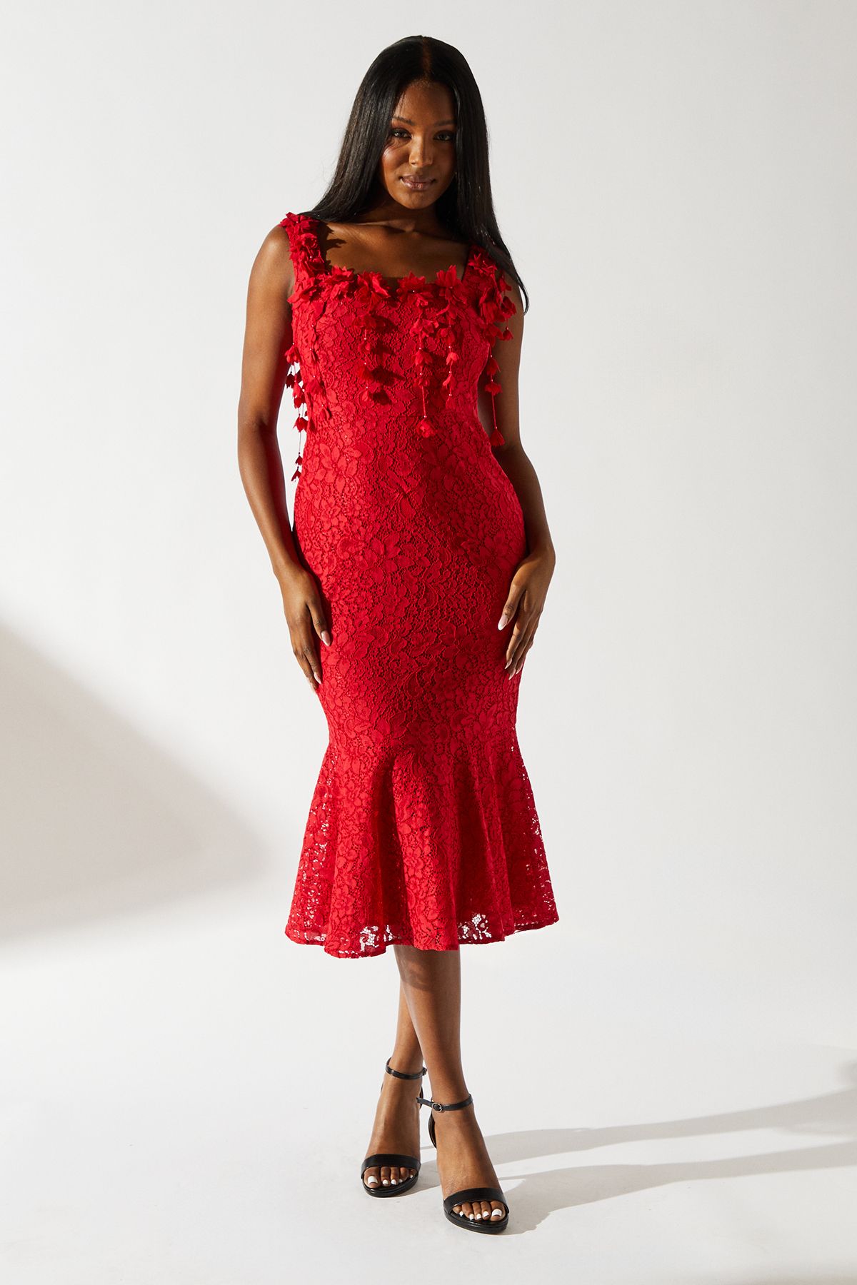 Floral Shoulder Detail Lace Midi Dress