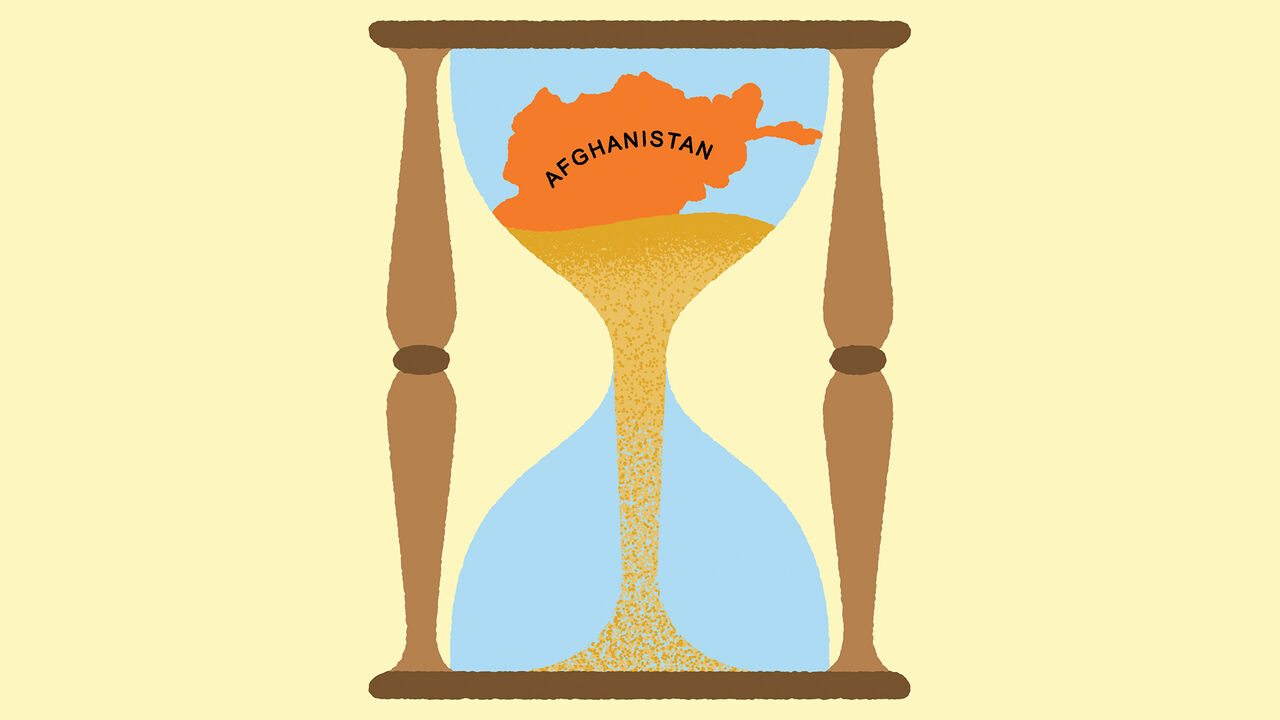 Illustration of the shape of Afghanistan being revealed as the sand in an hourglass runs out