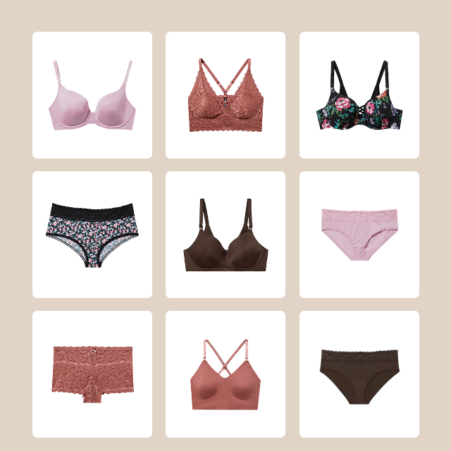 3x3 grid of bras and panties laydown images