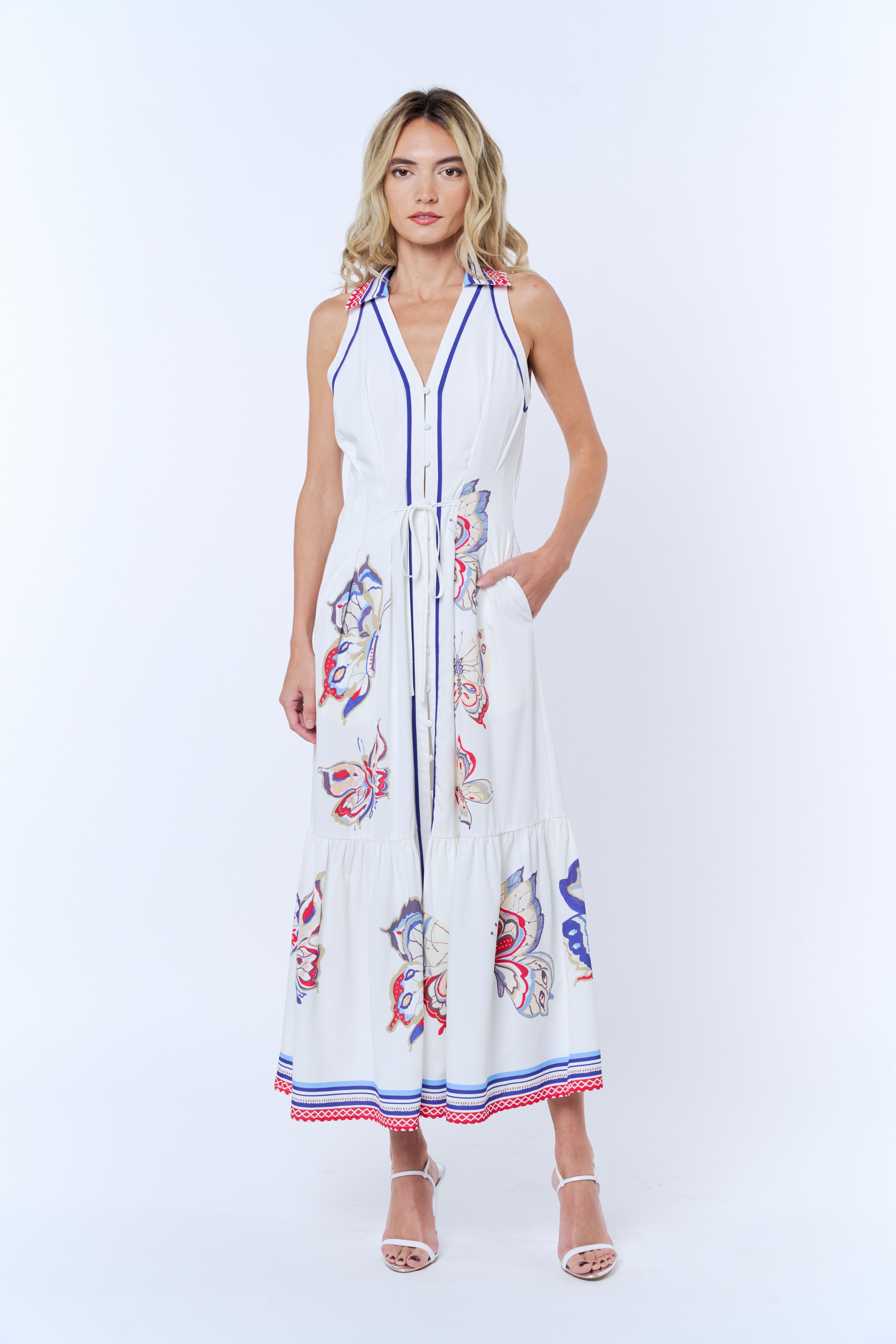 Image of Neena Butterfly Print Button-Up Maxi Dress