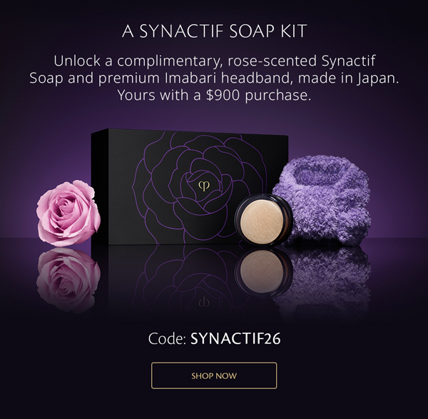 Unlock a complimentary, rose-scented Synactif Soap and premium Imabari headband, made in Japan. Yours with a $900 purchase.