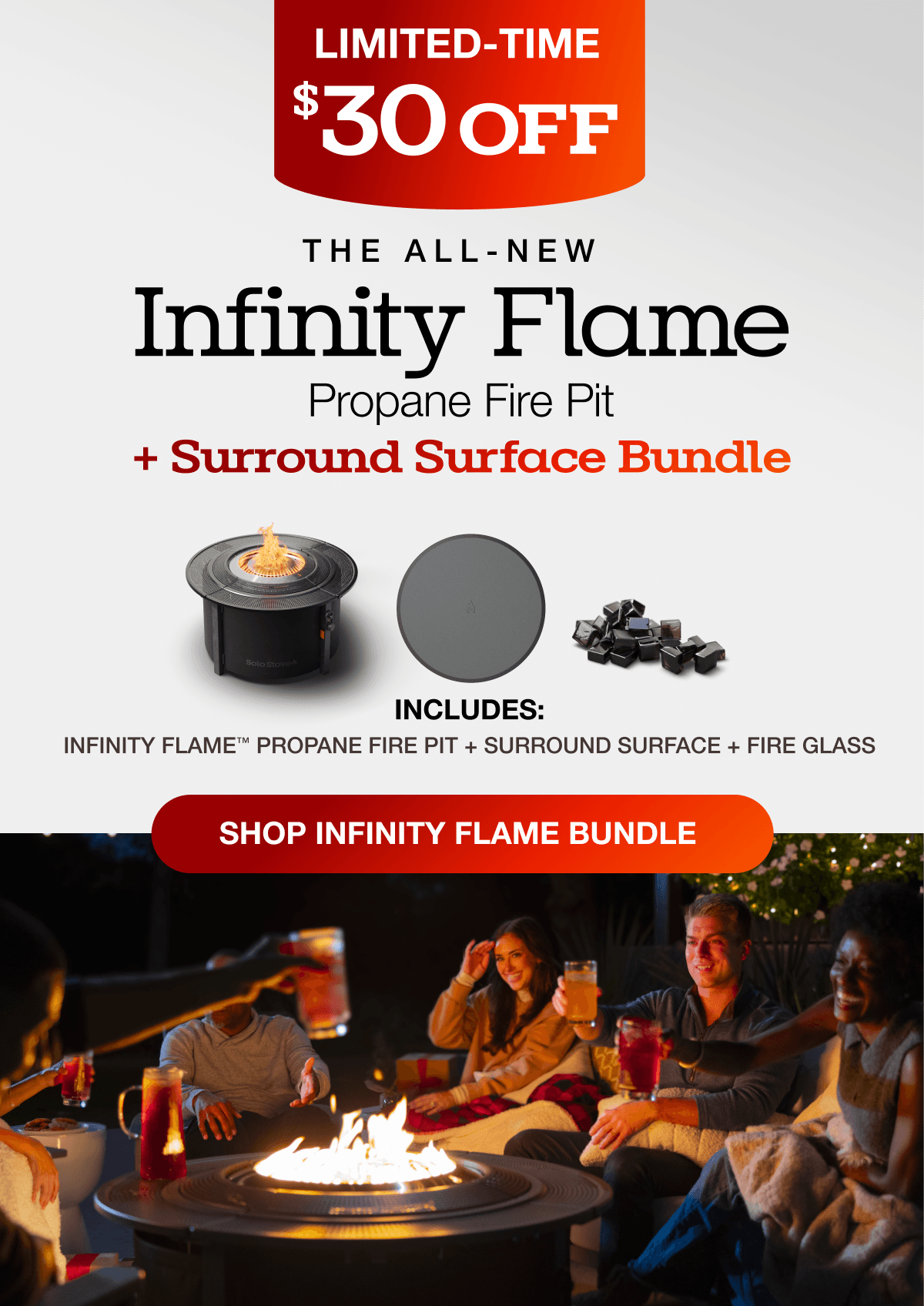 Infinity Flame Propane Fire Pit + Surround Surface Bundle