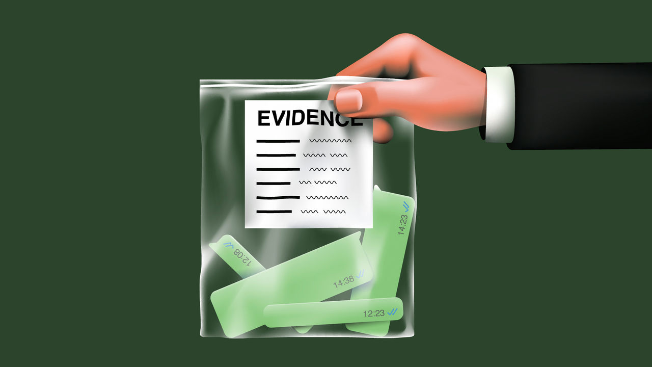 Illustration of an evidence bag with Whatsapp mesages in it.