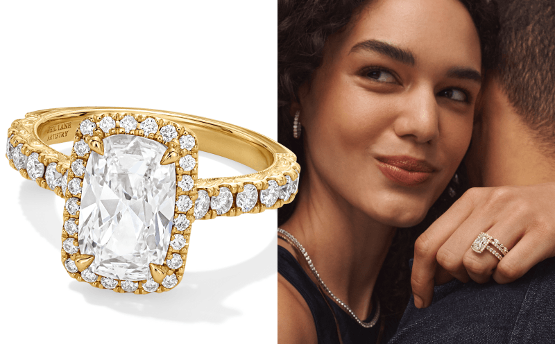 A yellow gold ring with an emerald cut diamond in the center next to a model wearing the ring.