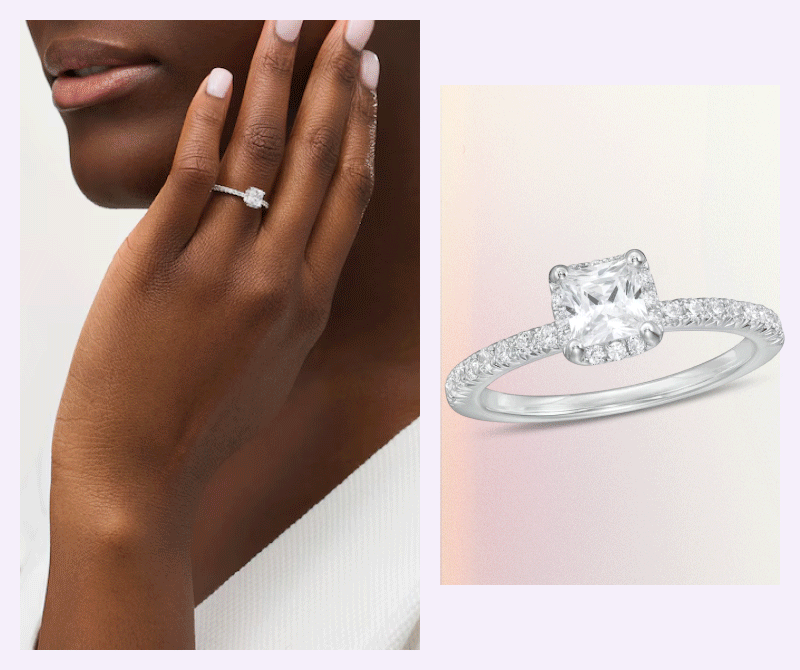 Rotating screen of model wearing ring, alongside product shots of rings with diverse centered shaped stones.