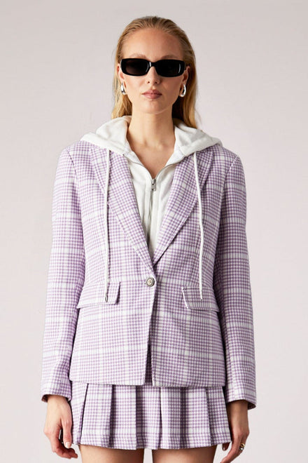 Helen Blazer With Removeable White Hoodie Insert - Lavender Houndstooth