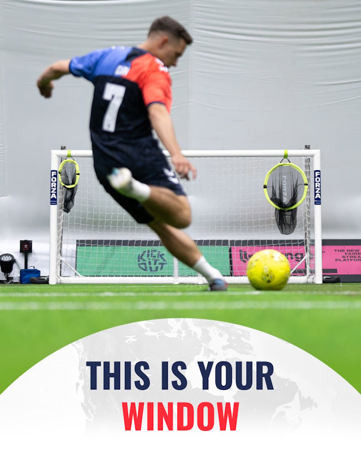 This Is Your Window: Ballerz player shooting towards goal with a yellow Icon ball, featuring the FORZA Target Net & Ball Bag.