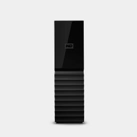 A black Western Digital (WD) My Book external hard drive standing upright.