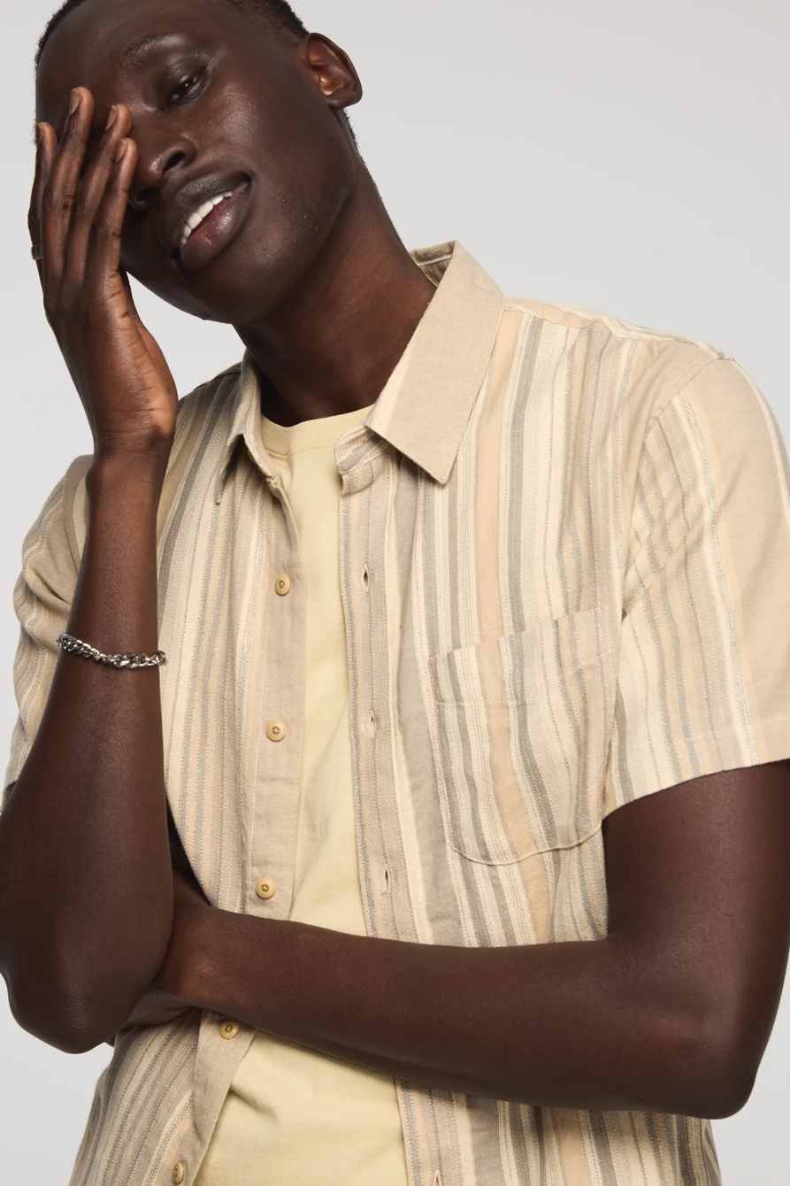 Image of Lucky Brand Short Sleeve One Pocket San Gabriel Dobby - Men's Shorts Denim Jean in Natural Stripe