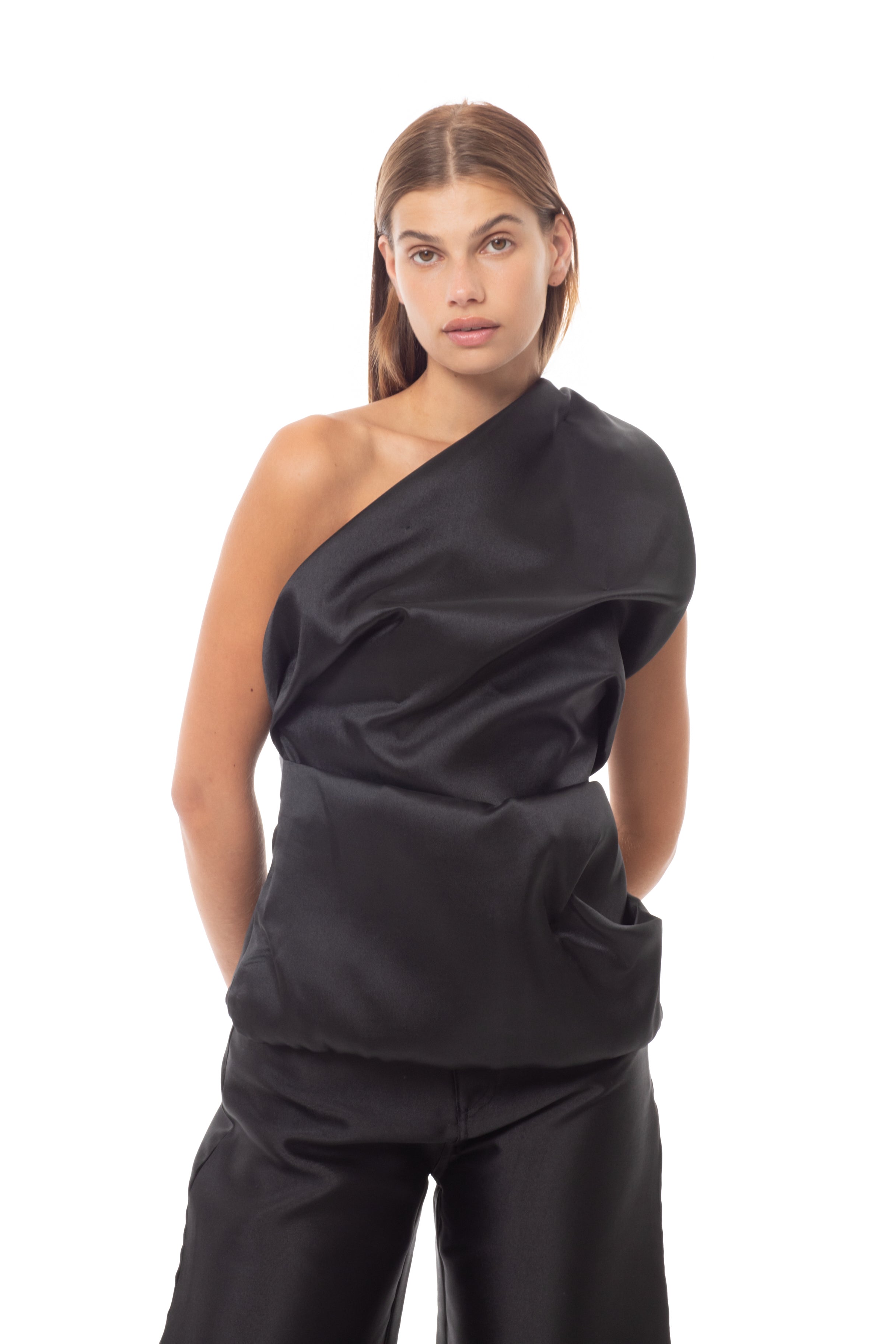 BLACK MIKADO SLEEVELESS DRAPED TOP