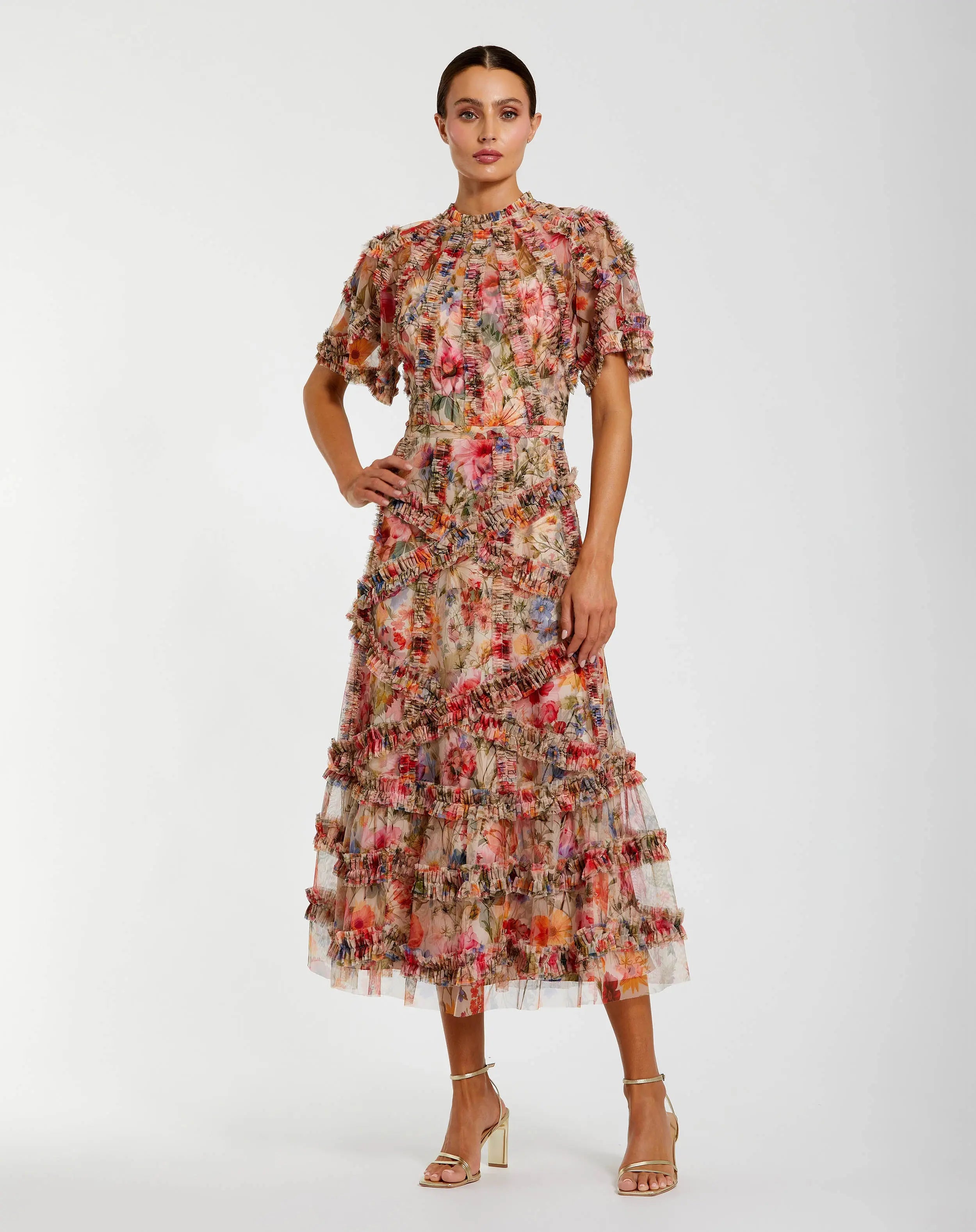 Image of Multicolor Floral Midi Dress with Ruffle Detailing