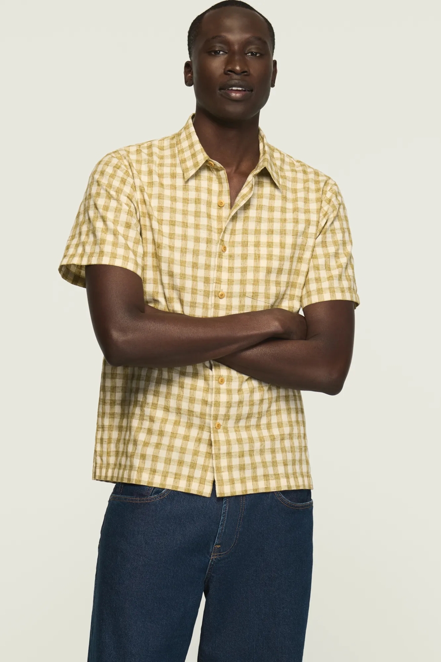 Image of Lucky Brand Short Sleeve Gingham Plaid Shirt - Men's Clothing Outerwear Shirt Jackets in Slate Green