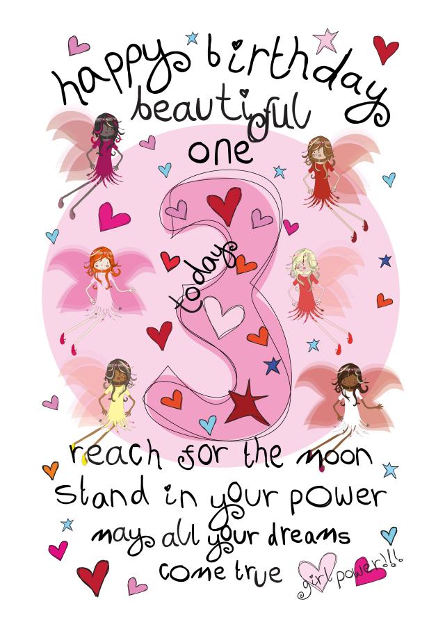 Cute Birthday Card - 3rd - Female - Girl Power Fairies