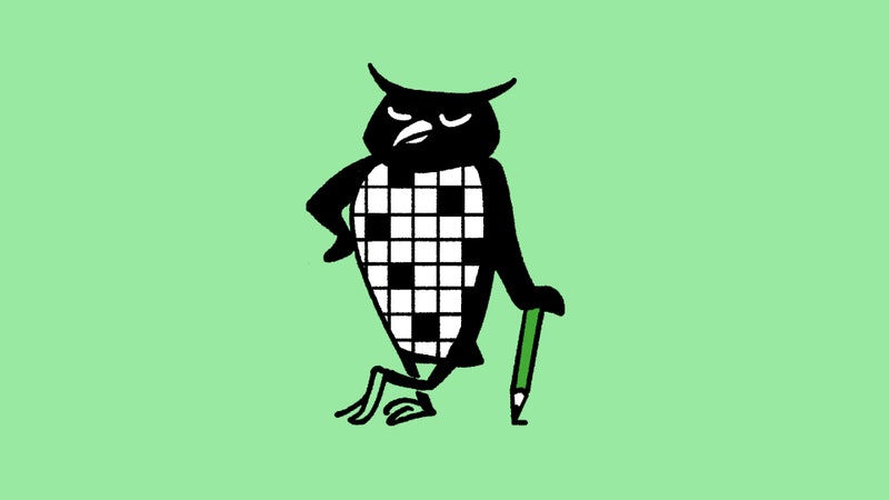 An owl with a crossword on its belly casually leans on a pencil against a green background.
