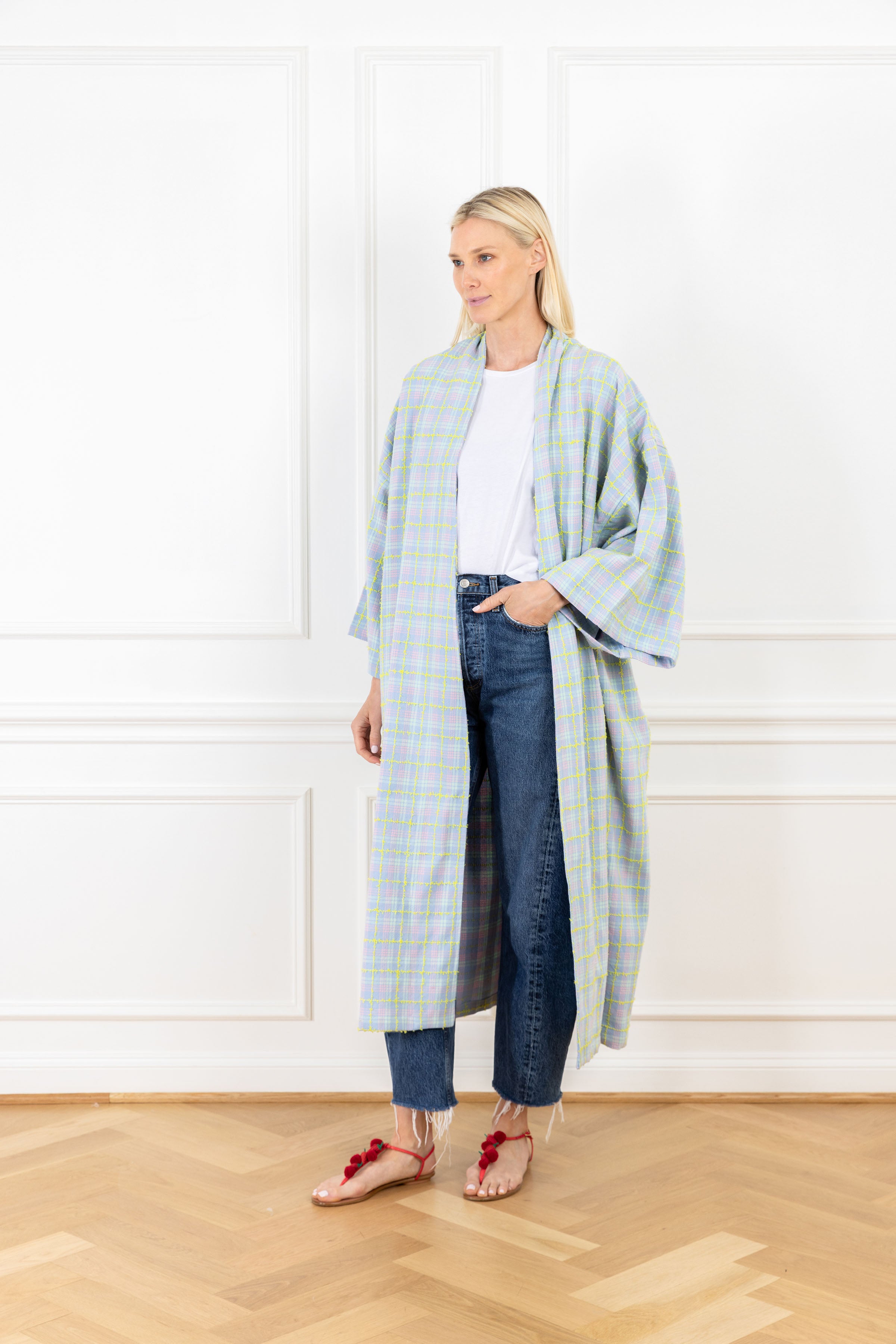 Image of Baby Blue Textured Plaid Maxi Duster