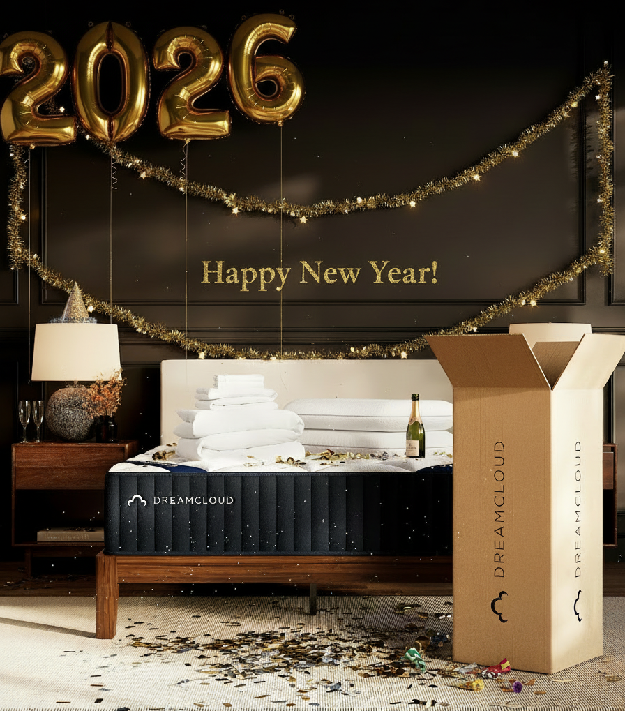 an image of a bed with a box and a box of balloons
