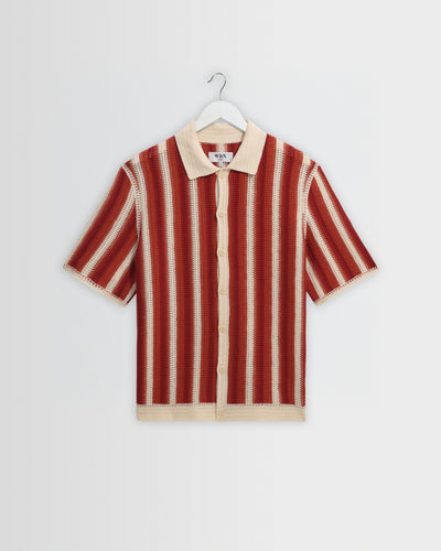 Porto - Ecru And Orange Stripe Crochet Knitted Shirt