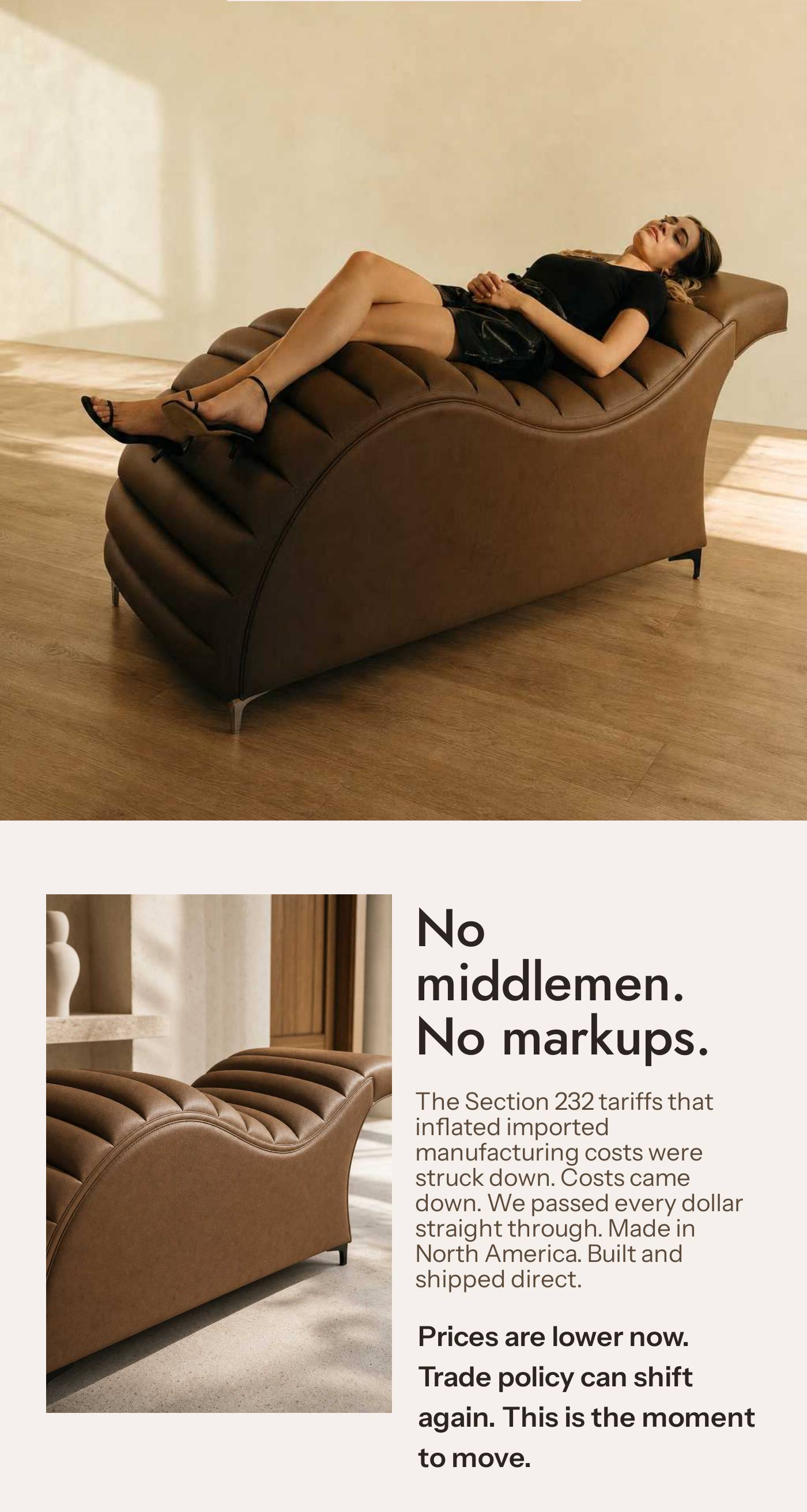 Woman on Edda Cloud bed. No middlemen. No markups. Explanation of tariff removal and price drop.