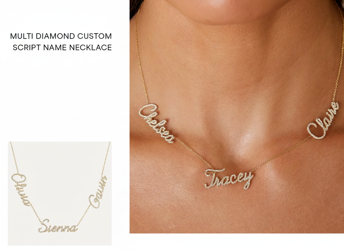 an image of a woman wearing a necklace with the word fancy