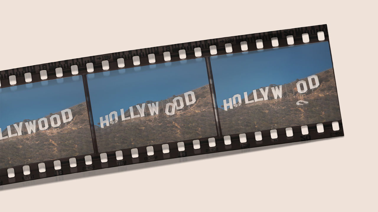 An illustration of a film reel showing frames of the Hollywood sign with one of the letters falling down.