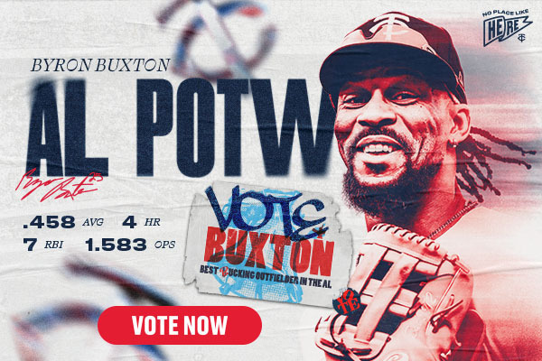 Byron Buxton is your American League Player of the Week, with .458 batting average, 4 home runs, 7 RBIs, and a 1.583 OPS this week! Vote for him in the 2026 All-Star Game! Vote Now.